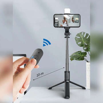 Statyw Selfie Stick kijek do zdjęć Tripod Roreta Wireless Bluetooth uchwyt do telefonu statyw z lampką LED czarny