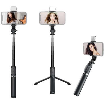 Statyw Selfie Stick kijek do zdjęć Tripod Roreta Wireless Bluetooth uchwyt do telefonu statyw z lampką LED czarny