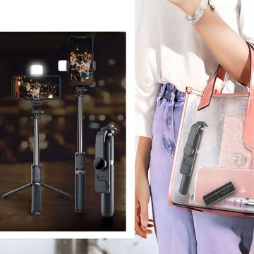 Statyw Selfie Stick kijek do zdjęć Tripod Roreta Wireless Bluetooth uchwyt do telefonu statyw z lampką LED czarny