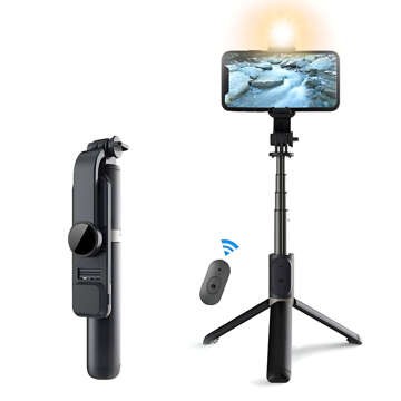 Statyw Selfie Stick kijek do zdjęć Tripod Roreta Wireless Bluetooth uchwyt do telefonu statyw z lampką LED czarny