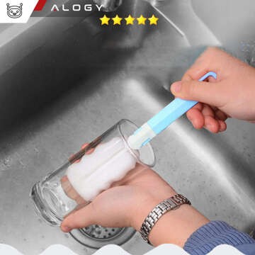 Szczotka do mycia czyszczenia butelek słoików kieliszków Gąbka Czyścik Myjka składana rączka Alogy niebiesko-biała