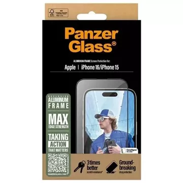 Szkło hartowane do iPhone 16 PanzerGlass Screen Protector Aluminum Frame Ultra-Wide Fit z aluminiową ramką