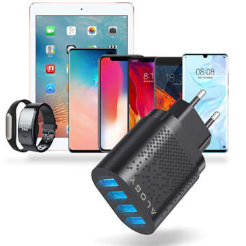 Szybka ładowarka sieciowa Alogy 4x USB Quick Charge 3.0 2.4A Czarna + Kabel do Lightning 1m + Etui