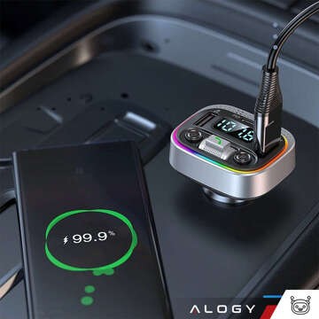 Transmiter samochodowy Bluetooth FM MP3 Szybka Ładowarka 2 x USB QC 3.0 + USB-C C PD 20W LED RGB  Alogy Car srebrny