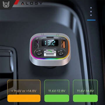 Transmiter samochodowy Bluetooth FM MP3 Szybka Ładowarka 2 x USB QC 3.0 + USB-C C PD 20W LED RGB  Alogy Car srebrny