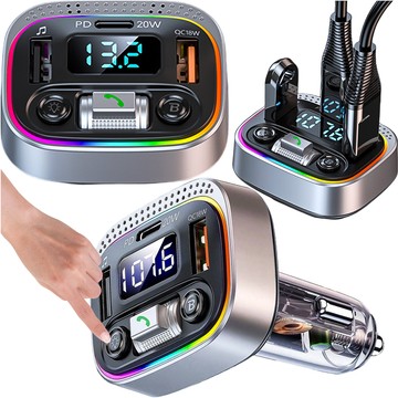 Transmiter samochodowy Bluetooth FM MP3 Szybka Ładowarka 2 x USB QC 3.0 + USB-C C PD 20W LED RGB  Alogy Car srebrny