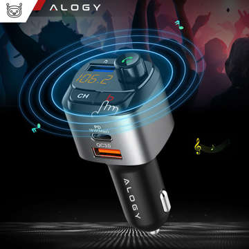 Transmiter samochodowy FM Alogy Ładowarka USB QC 3.0 + USB-C PD Bluetooth odtwarzacz MP3 + Kabel 1m USB-C do Lightning  + Etui