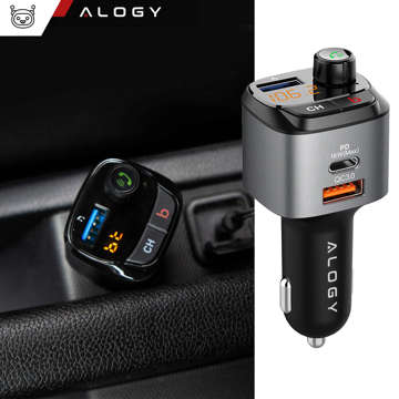Transmiter samochodowy FM Alogy Ładowarka USB QC 3.0 + USB-C PD Bluetooth odtwarzacz MP3 + Kabel 1m USB-C do Lightning  + Etui