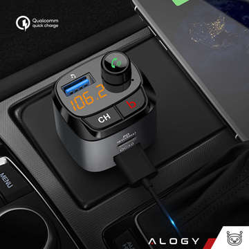 Transmiter samochodowy FM Alogy Ładowarka USB QC 3.0 + USB-C PD Bluetooth odtwarzacz MP3 + Kabel 6A 1m + Etui