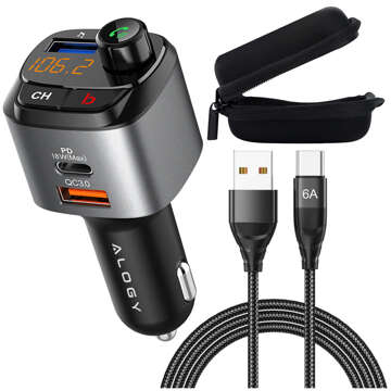 Transmiter samochodowy FM Alogy Ładowarka USB QC 3.0 + USB-C PD Bluetooth odtwarzacz MP3 + Kabel 6A 1m + Etui