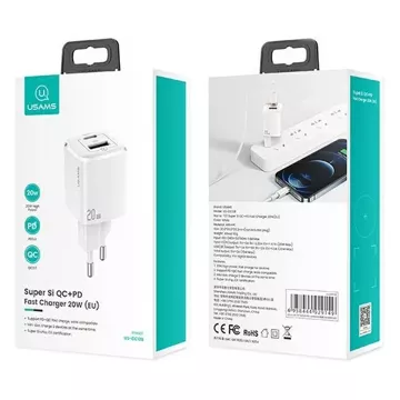 USAMS Ładowarka sieciowa 1x USB-C + 1x USB T37 20W (only head) Super SI PD3.0 + QC3.0 Fast Charging biały/white CC128TC02 (US-CC128)