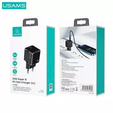 USAMS Ładowarka sieciowa 1x USB-C T42 mini 25W (only head) Super SI 5V-3A PD3.0 Fast Charging czarny/black CC140TC01 (US-CC140)