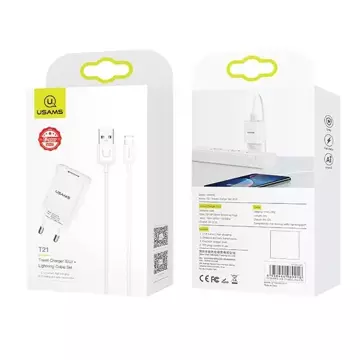 USAMS Ładowarka sieciowa 1x USB T21 lightning biały/white 2,1A Fast Charging T21OCLN01