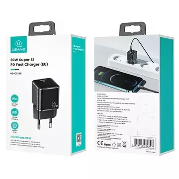 USAMS Ładowarka sieciowa 1xUSB-C T45 mini 30W (only head) PD3.0 Fast Charging czarny/black CC148TC01 (US-CC148)