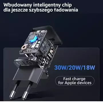 USAMS Ładowarka sieciowa 1xUSB-C T45 mini 30W (only head) PD3.0 Fast Charging czarny/black CC148TC01 (US-CC148)