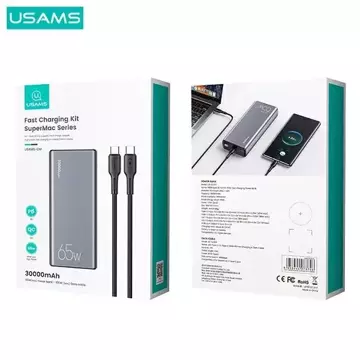 USAMS Powerbank PB59 30000mAh 65W 2xQC3.0+PD Fast Charge czarny/black CMXLOGTC01 (US-CD165) + kabel USB-C-USB-C