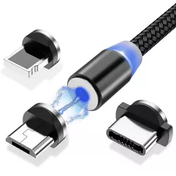 Wozinsky magnetyczny kabel przewód USB / micro USB / USB Typ C / Lightning 2,4A 1m z diodą LED czarny (WMC-01)