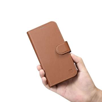 iCarer Wallet Case 2in1 etui iPhone 14 Plus skórzany pokrowiec z klapką Anti-RFID brązowy (WMI14220727-BN)