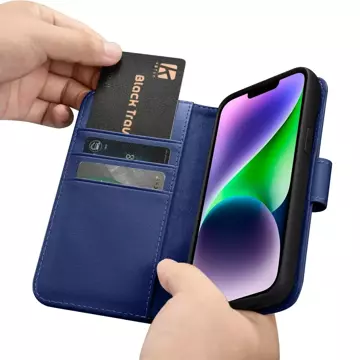 iCarer Wallet Case 2in1 etui iPhone 14 Plus skórzany pokrowiec z klapką Anti-RFID niebieski (WMI14220727-BU)